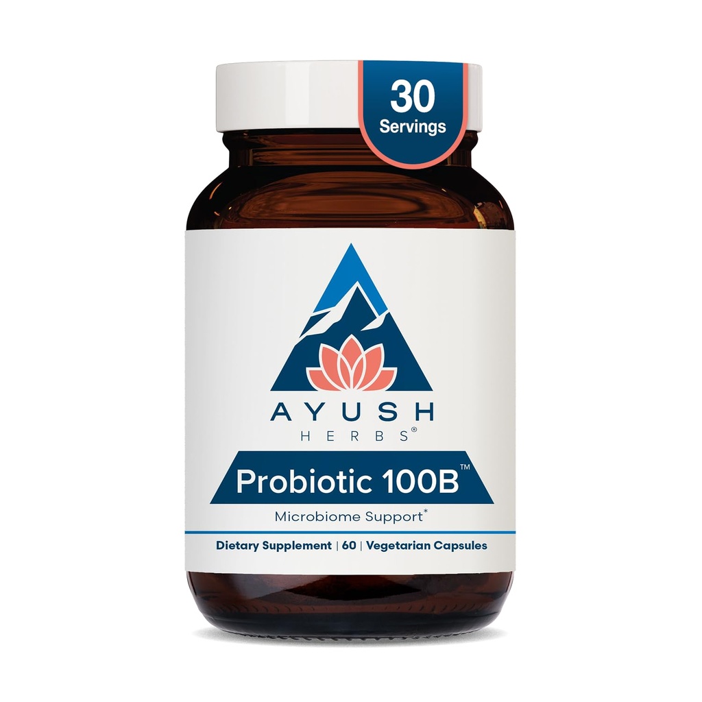 Ayush Herbs Probiotic 100B - Propoletic for Women, Program for Men, Pregities and Progression for Digetical Health, Gas Relief, Gut Microbiome Balance - 60 Vegetarian Capsules (1 Count)