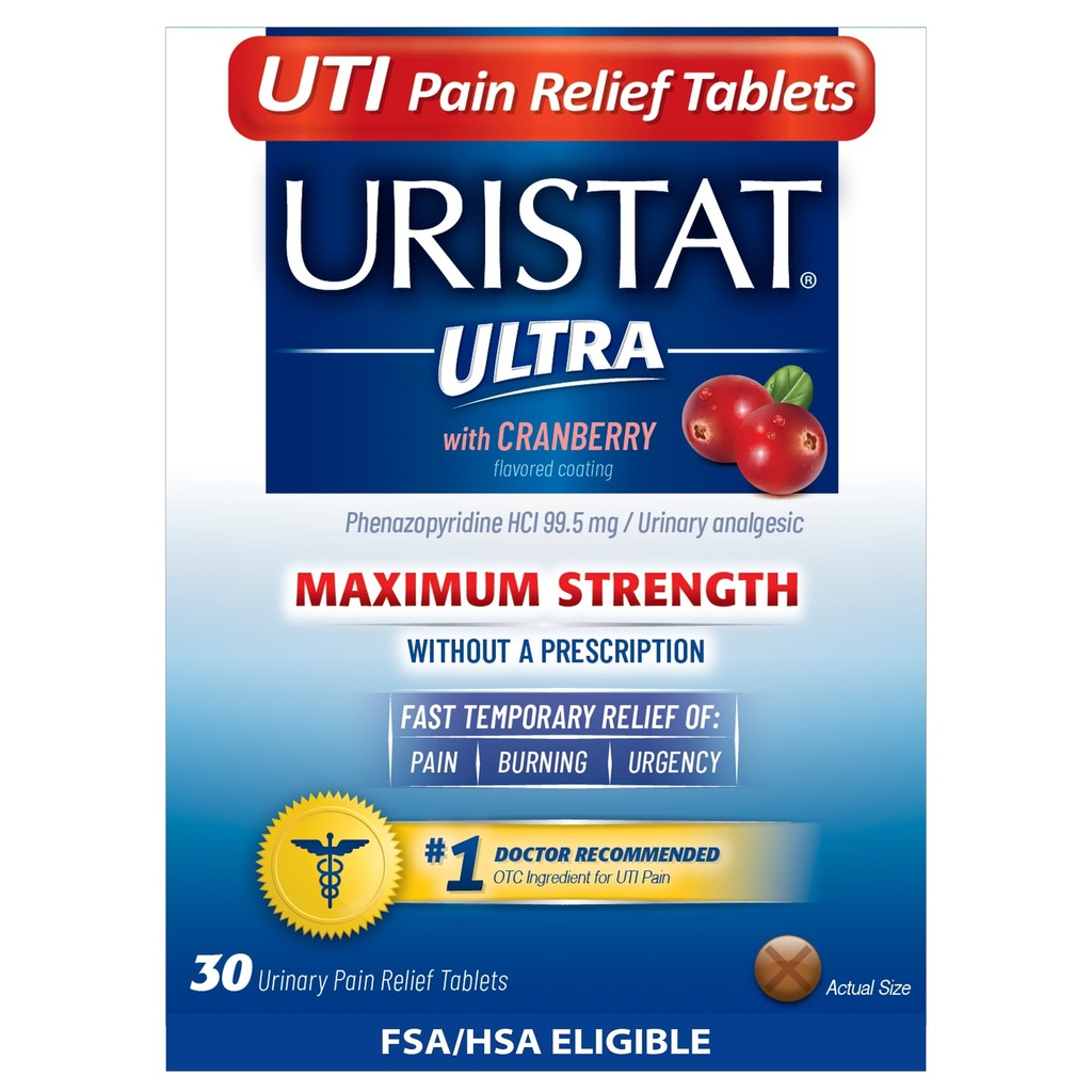 Urisstat Ultra UTI Relief Tablet, Quast Urinary Trakte Relief of Urinary Pain, Burning, Urgency, Maximum Power, Cranberry Flavored Coating, 30 tablet