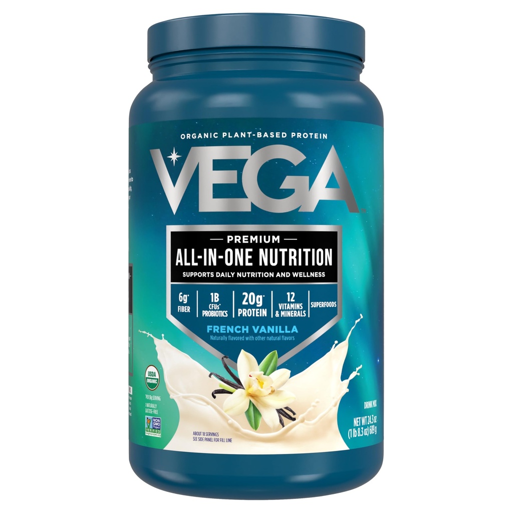 Vega Organic All-inOne Vegan Protein Powder, French Vanilla -Superfood Ingrediens, Vitamin for Imunity Support, Keto Friendly, Pea Protein for Women & Men, 1.5 pon (Pack of 1)