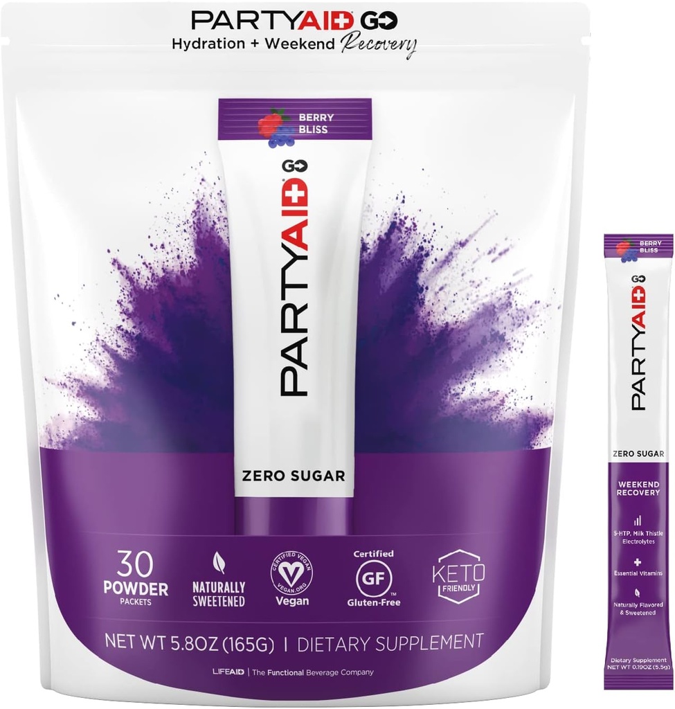 PARTYAID GO Feel Good Tonight and Tomorrow, Zero Sugar, 5-HTP, B-Complex, Milk Thistle, Electrolytes, No Articial Flavors or Sweeteners, Caffeine- Free, 30 Count (Pack of 1)