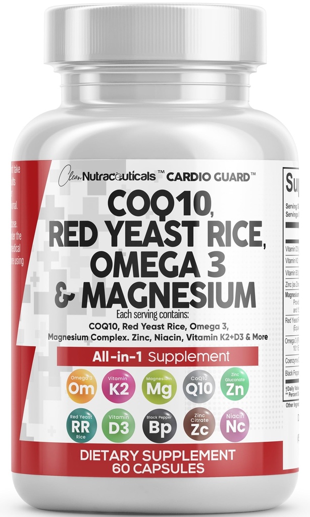 Bersihkan Nutraceuticals COQ10 200mg Red Yeast Rice Omega 3 Magnesium Kompleks 500mg Niinc Zinc Vitamin K2 D3 - Dukungan Hati Vitamin untuk Perempuan & Pria w / Vitamin B3, Koenzim Q10- 60 Ct