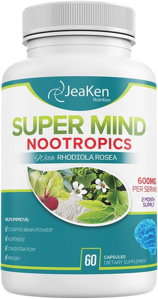 Super Mind - Nootropics Cognitive Enhancer - Brain Boost Suplemen Alami - Basopa Monnieri - Rhodiola Rosea - Ginkgo Biloba - Vitamin B1260 Vegan dibuat di Amerika Serikat