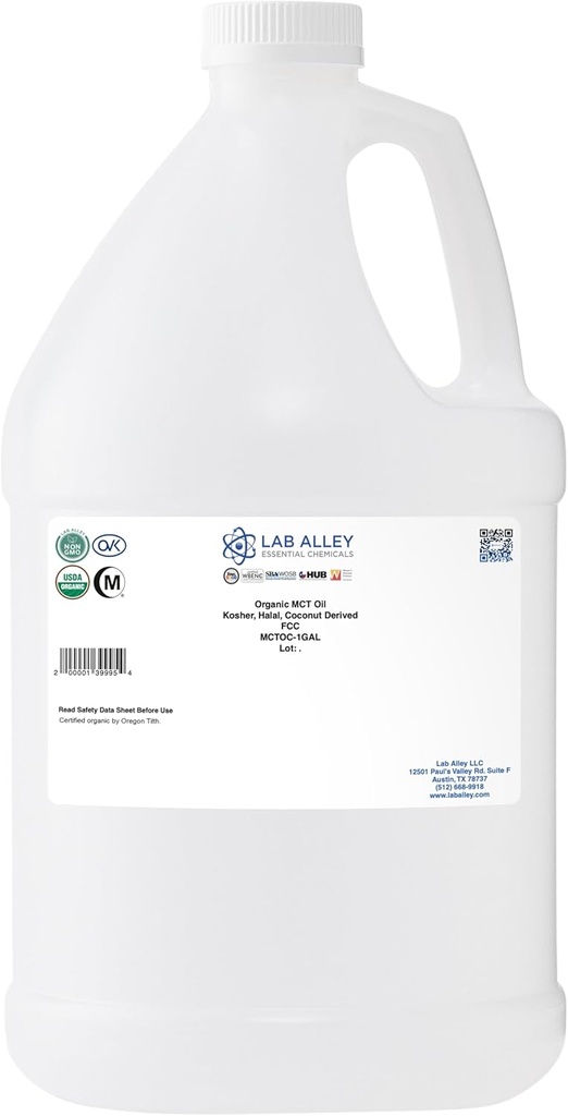 Alley MCT Lab Oil, USDA Organik Coconut, Kosher Certified, Halal, Non- GMO - 1 Gallon