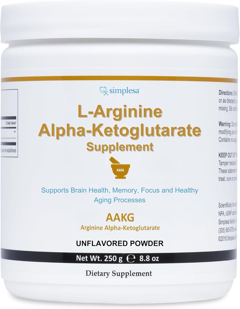 Simplesa AAKG Arginine Powder, L- Arginine Alphaby - Ketoglutarate Suplement, 2000mg Per Serving, Pasokan Kesehatan Otak, Memori, Fokus dan Proses Penuaan Sehat, Tambahan Powder 250g