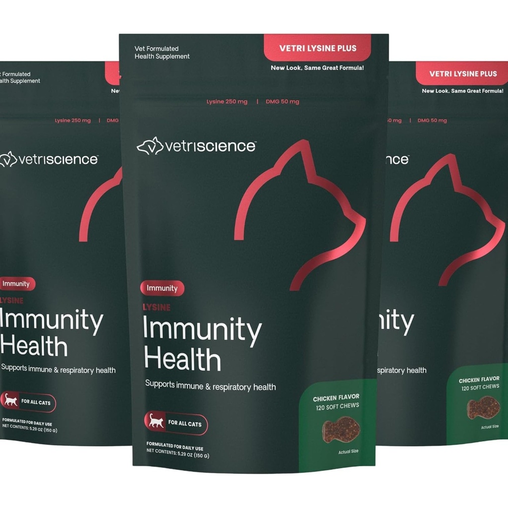 VetriScience Lysine Immunity Health Chews, 250 mg Lysine Plus Immune Suplement for Cats and Kittens with Allergies, Sneezing, Runny Nose and Watery Eyes, Chicken, 3 Pack
