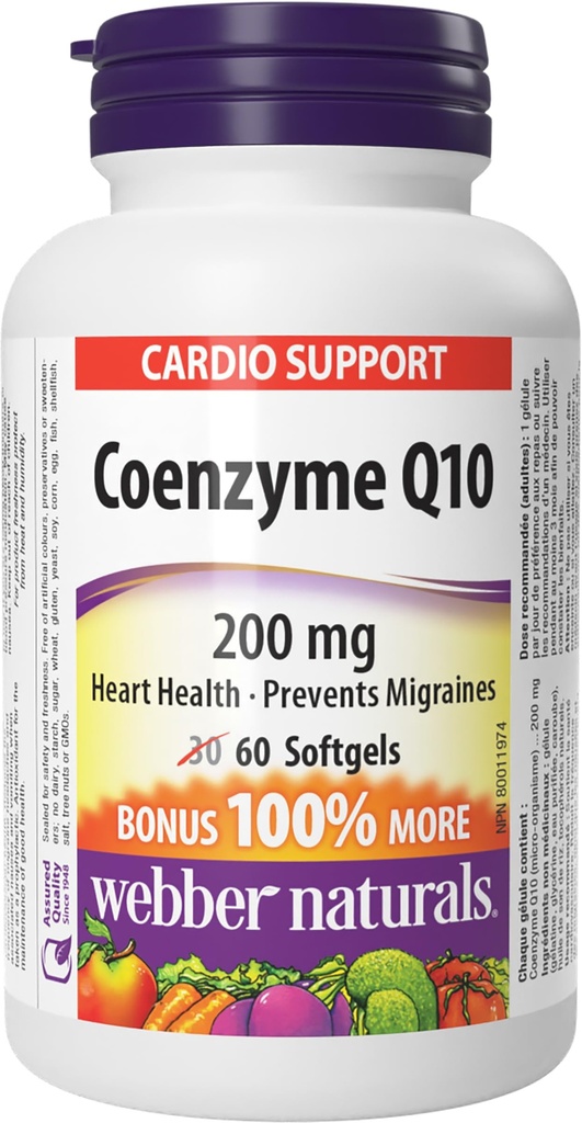 Webber Coenzim Q10 (CoQ10) 200 mg, 60 Softgels, Suffels Potency Antioksidant Suplemen Tinggi, untuk Kesehatan Hati dan Produksi Energi Cellular, 60 Hari Supply, Gluten Bebas