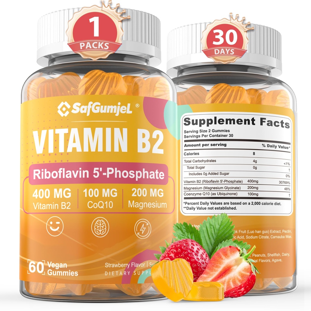 Vitamin B2 Gummies 124; Riboflavin 400mg with Magnesium & CoQ10 for Migraine Relief & Headache Relief 124; Sugar Free, Vegan, Strawberry Flavor, 60 Count