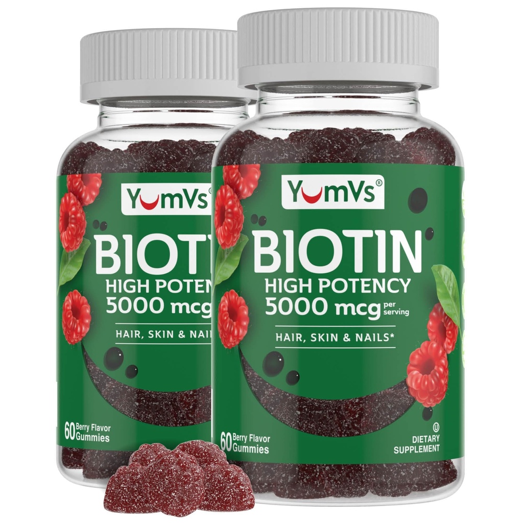 YumVs Biotin Gummies 5000mcg - Luscious Raspberry Flavor - Lebih cepat tumbuh rambut untuk Wanita atau Pria - Rambut, Skin & Nails Vitamin - Rambut Gummy - Vegetarian Biotin Suplemen (60 Ct.)