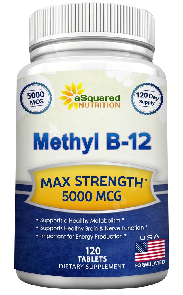 ASquared Nutrection Vitamin B12-5000 MCG Tambahan dengan Methylcobalamin (Metil B-12) - Max Kekuatan Vitamin B 12 Dukungan untuk Boost Natural Energy, Manfaat Fungsi Otak & Jantung - 120 Tablet