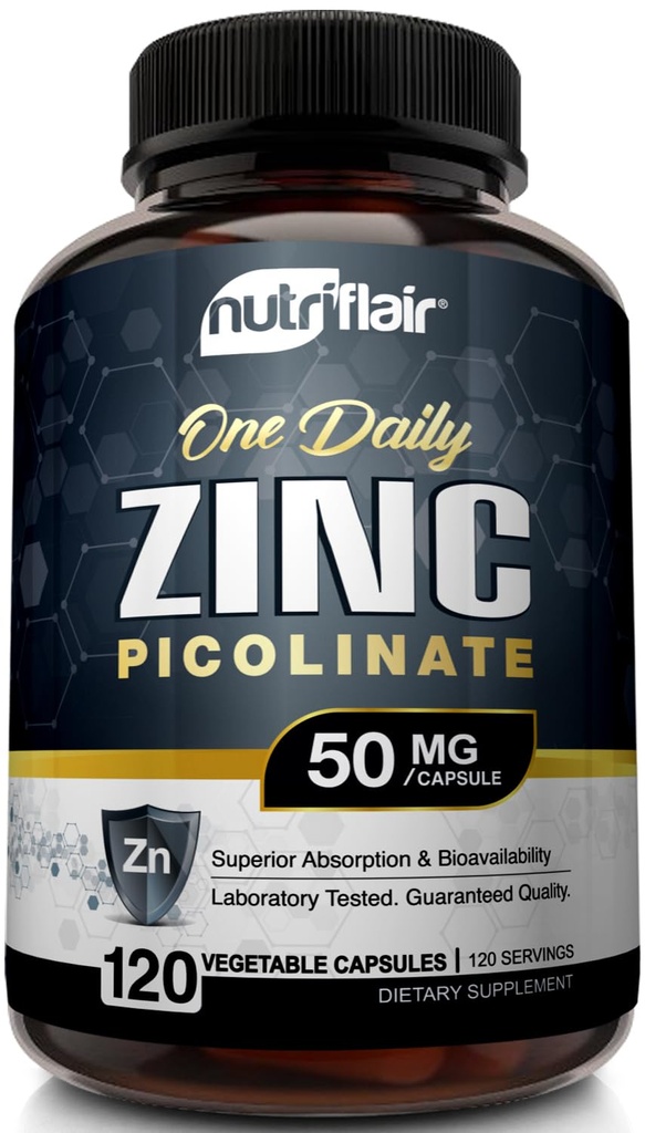 NutriFlair Zinc Picolinate 50mg, 120 Capsules - Maksimum Absorpsi Zinc Suplement Pills - Imune System Booster, Imunity Pertahanan, Tak Terkuat - GMO Antioksidant - Bandingkan gluconate, Citrate, Oxide