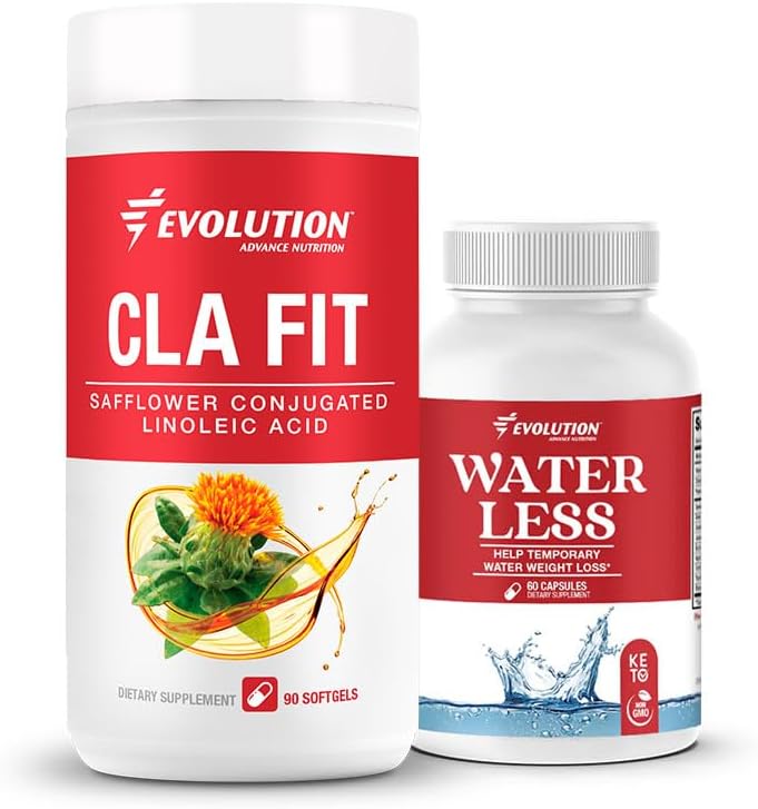 Evolusi Advance Sport Nutrition CLA Fit - Safflower Conjugated Linoleic Acilement, Dukung Lean Muscle Mass, Procease Energy (90 Softgeels) + Water Less - Reduces Water Retention (60 Capsules)