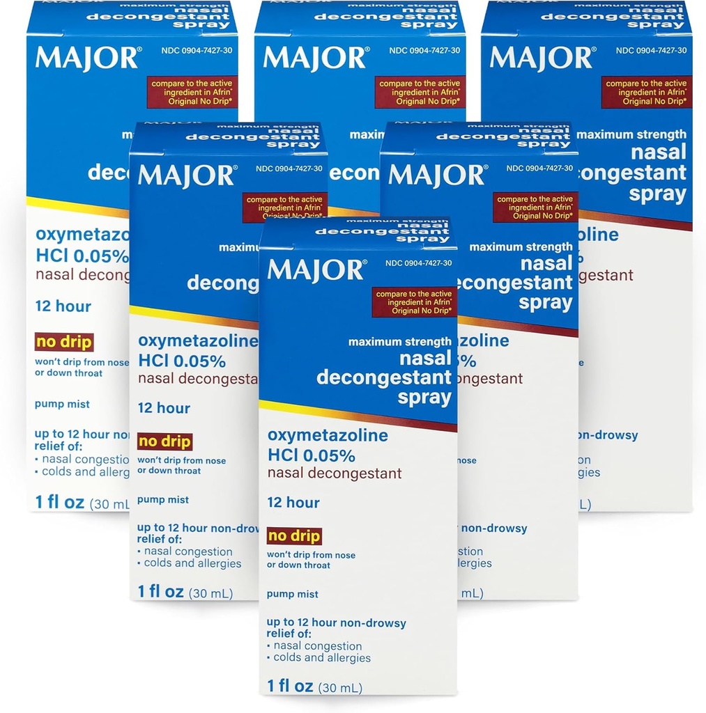 MAJOR Maximum Power Nasal Decongestant Spray, Oxymetazoline HCl 0.05% Pompa Mist, Non-Drowsy Nasal Spray, hingga 12-Hour Relief dari Nasal Conbuffes, Colds, dan Allergies 1 Fl. Oz. (6-Pack)