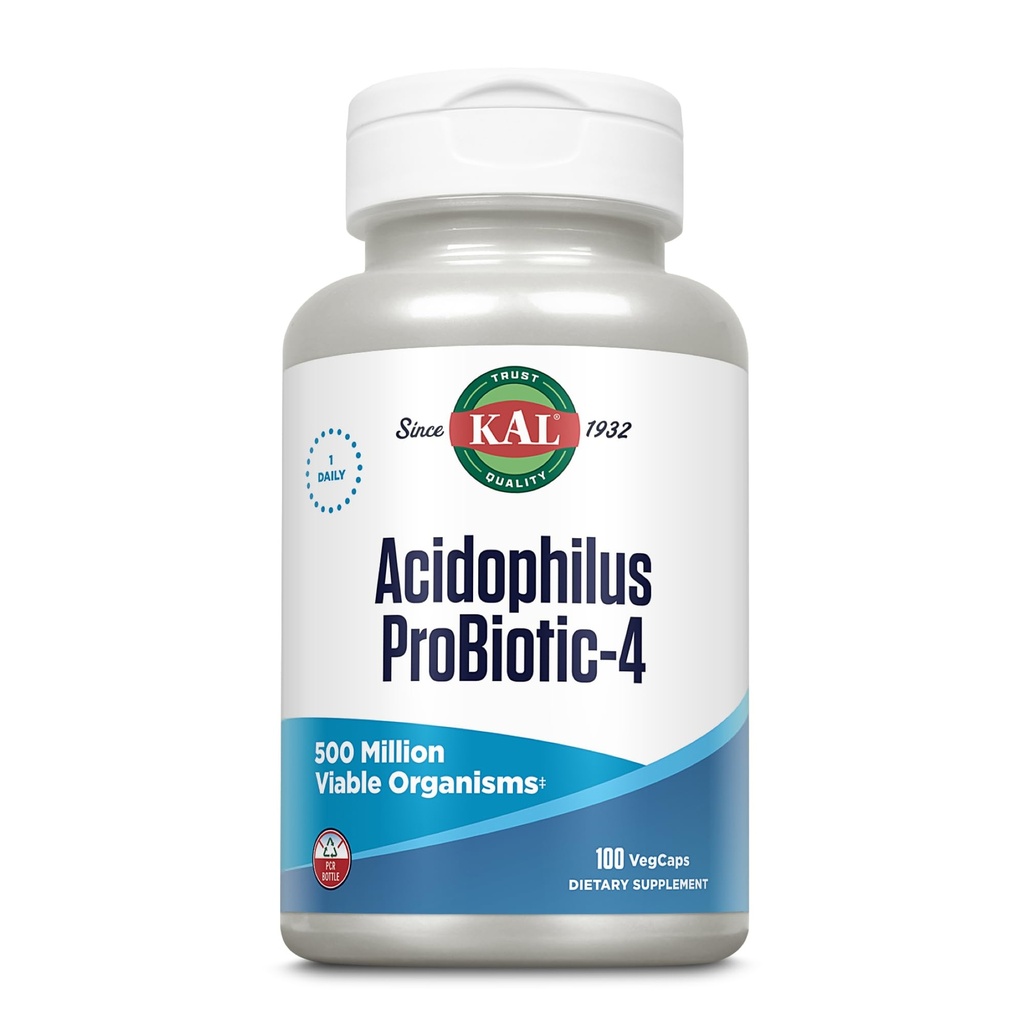 KAL Acidoblus ProBiotic-4, 500 Juta CFUs, Empat Strains Probiotis, Proposis Perempuan dan Pria, Freeze Dry, L. Aciotilus, L. bulgaricus, S. thermophilus, B. bifidum, 100 hamba, 100 VexCaps