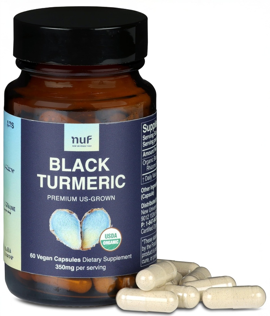 NUF- Black Organic Turmeric 350mg Whole Root Vegan Capsules - US Grown- Gluten Free - Non GMO- Joint Dupport - Sehat Inflammatory Response - Proper Imune Fungsi