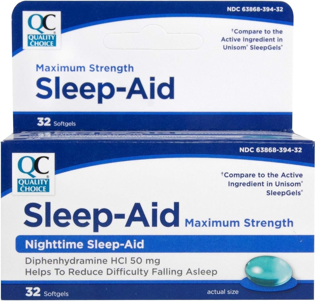 Quality Choice Max Strength Sleep Aid Diphenhydramine HCI 50 mg, Non Habit Forming for Occational Sleepless, Easy to Swallow Softgels, 32 Count Bottle