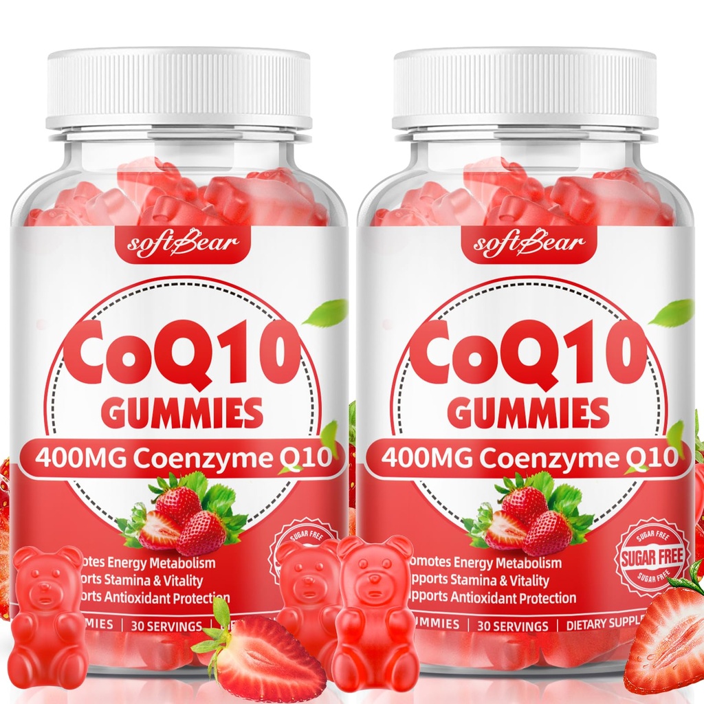 Softbear CoQ10 Gummies 400mg Koenzim Q10 Suplemen untuk Dewasa, Tinggi Absorpsi coq10 + Omega-3, Magnesium, Vitamin B3 & Zinc untuk Cellular Energy & Antioksidant, Strawberry Flavor 120 Count