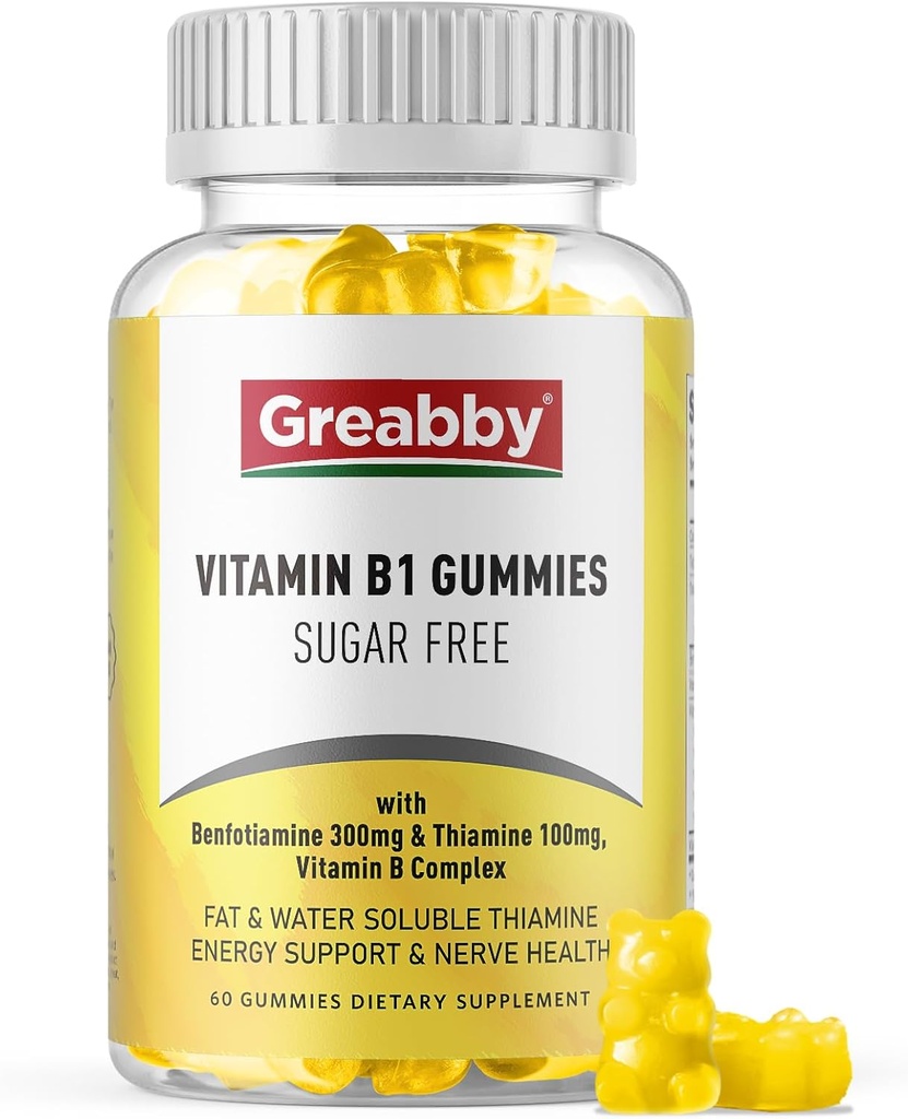 Vitamin B1 Gummies - Benfotiamine 300mg & Thiamine 100mg, Sugar Free, Vitamin B Suplemen Chewable, Energy Boost & Nerm System Health for Women, 60 Gummies