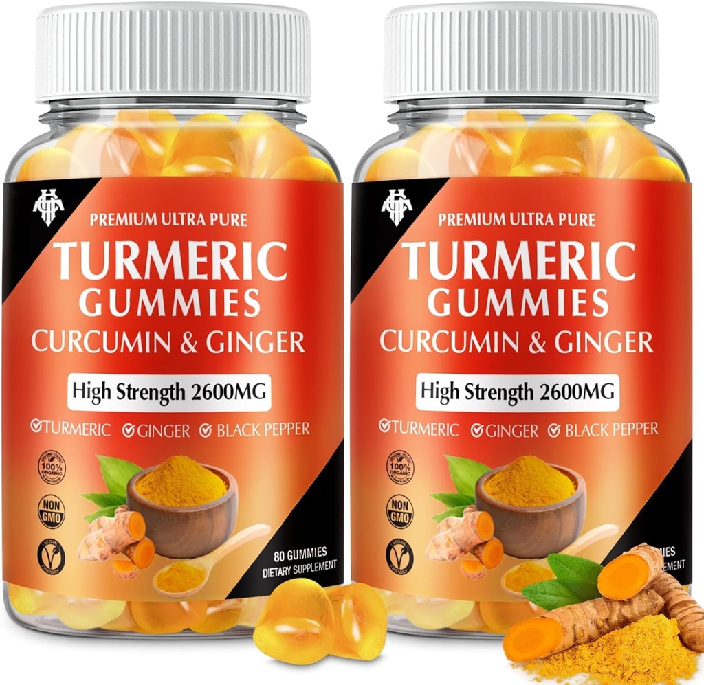 Turmeric Curcumin Gummies with Ginger & Black Pepper Vegan Pectin Formula for Ammune Boost, Healthy Skin & Journable Suppplemen bagi Dewasa & Teens (2- Pack)