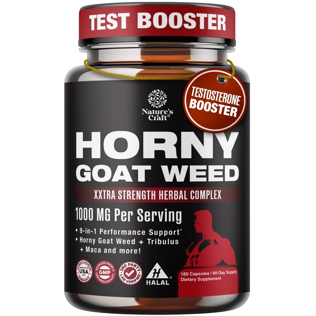 Horny Goat Weed for Men - Extra Power Male Suplement with Black Maca Root, Tongkat Ali, Saw Palmetto & Panax Ginseng Extract for Stamina & Energy - 180 Capsules