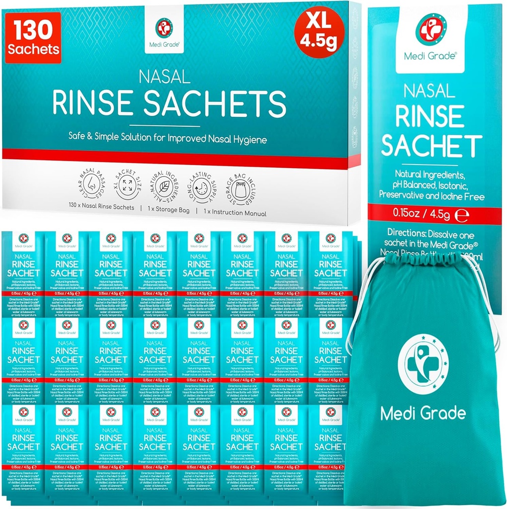 Medi Grade Sinus Rinse Packets - Nasal Rinse Esensials Kit dari 130 x Salt Packet and Convenient Storage Bag - Nikmati Irigation Nasal Effotless di Rumah atau On The Go with Our Neti Pot Salt Packet