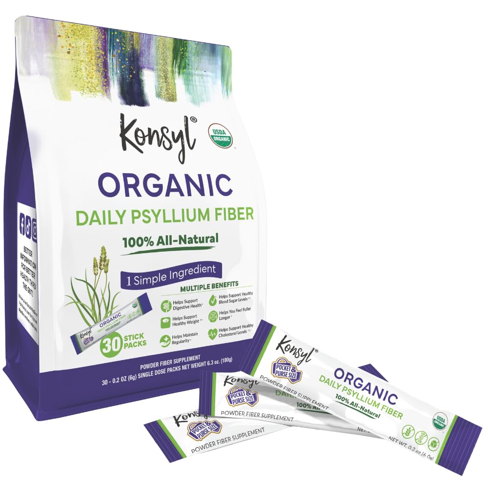 Konsyl Organic Daily Psyllium Fiber Stick Packs - On-The Go Fiber Suplement Powder - Convenient, AllAll- Natural Soluble Fiber, Gluten- Free & Sugar- Free, Vegan & Keto - 30 Paket
