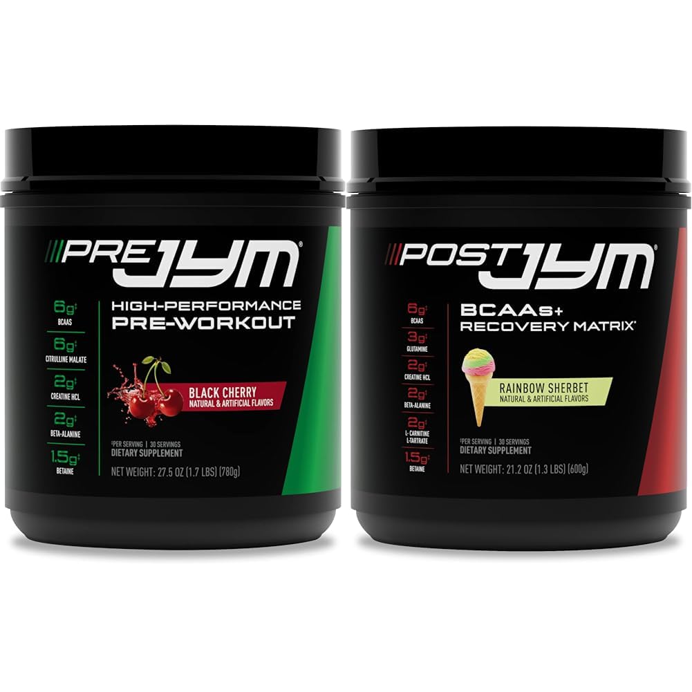 PRE JYM 30 Black Cherry & Post JYM Rainbow Sherbert Post-Workout 30 Hamba Muscle Recovery Drink