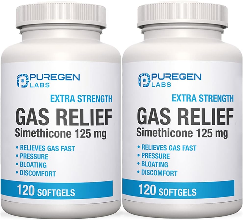 P Puregen Labs Ekstra Kekuatan Gas Relief Softgeels dengan Simethacon 125 mg 124; Pembebasan Cepat Tekanan, Bloating dan Menyakitkan Diskenyamanan - 2 Pack 124; Total 240 Softgels