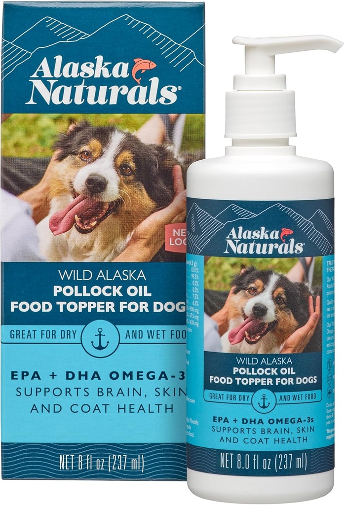 Sustainable Wild Alaska Oil for Dogs Skin and Coat - EPA + DHA Omega 3 Oil - Fatty Acids Dog Supplemen - Dukung Fur Coat and Brain Health - Natural Liquid Food Topper for Pets - 8 oz. Pompa