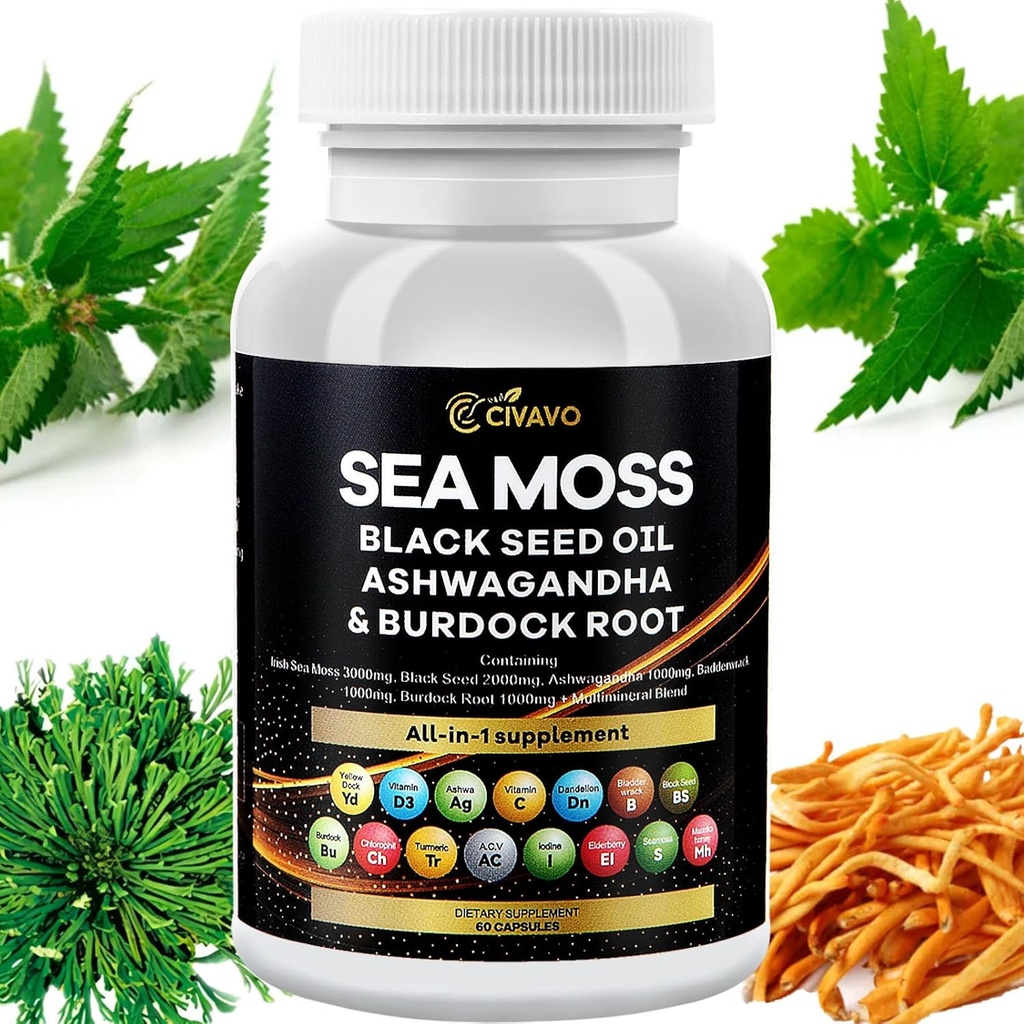 Sea Moss 3000mg Black Seed Oil 2000mg Ashwagandha 10000mg Bladderwrack 10000mg Turmeric 1000mg Burdock 1000mg Vitamin C & D3 Elderberry Manuka Dandelion Dock Chlorofil ACV