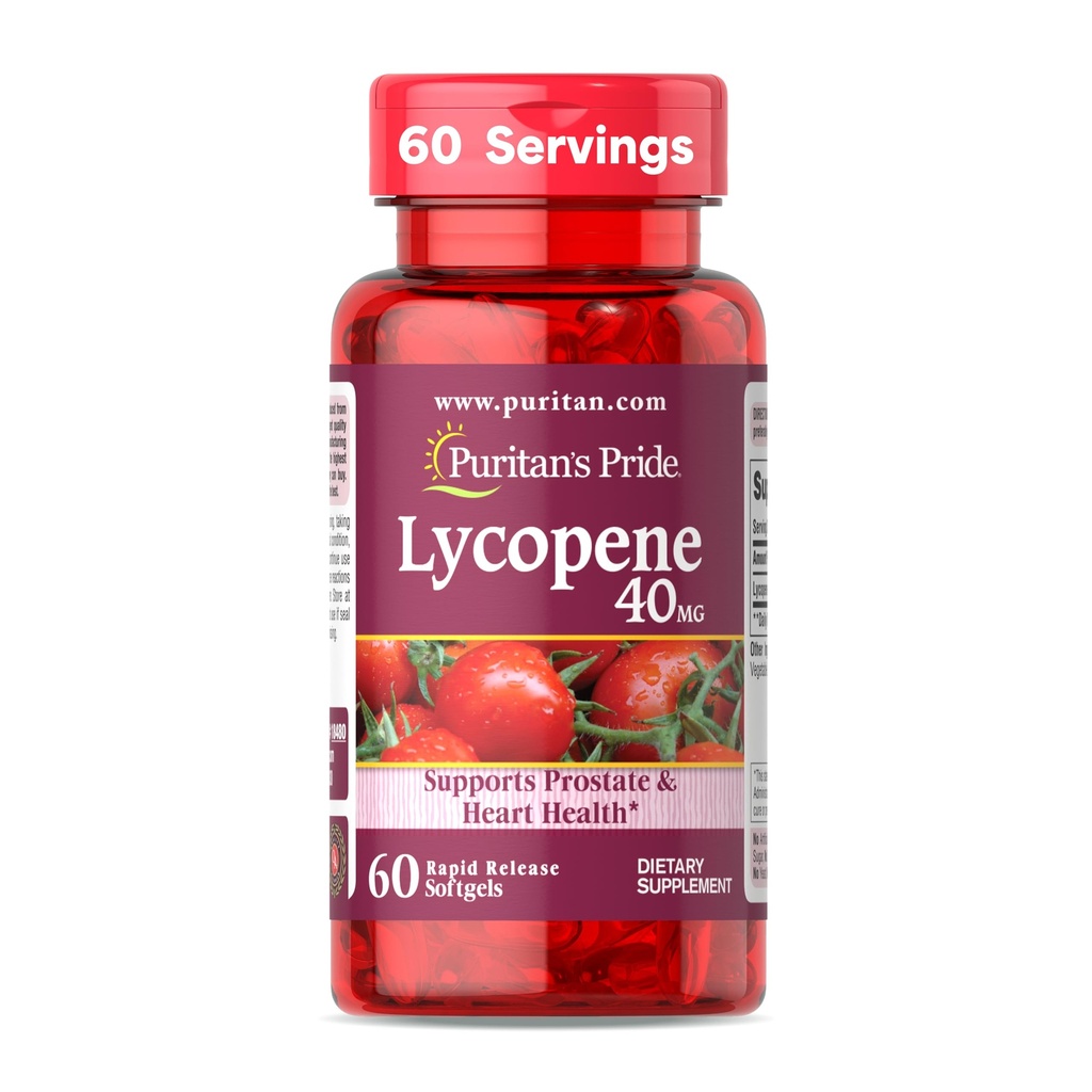 Puritan 's Pride Premium Lycopene 40mg, Dietary Suplement for Prostate, Antioxidant, Heart Health Support, 2 Bulan Supply, 60 Rapid RAPELs