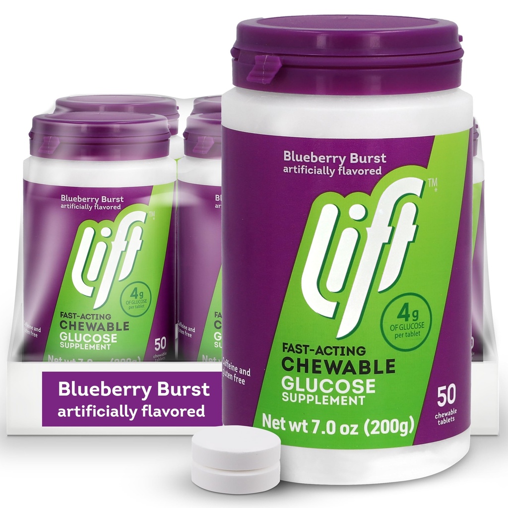 Angkat Glumpy 124; Fast- Akting Glufble Chewable Energy Tablet 124; Blueberry 124; 50 ct Jar (Paket 6)