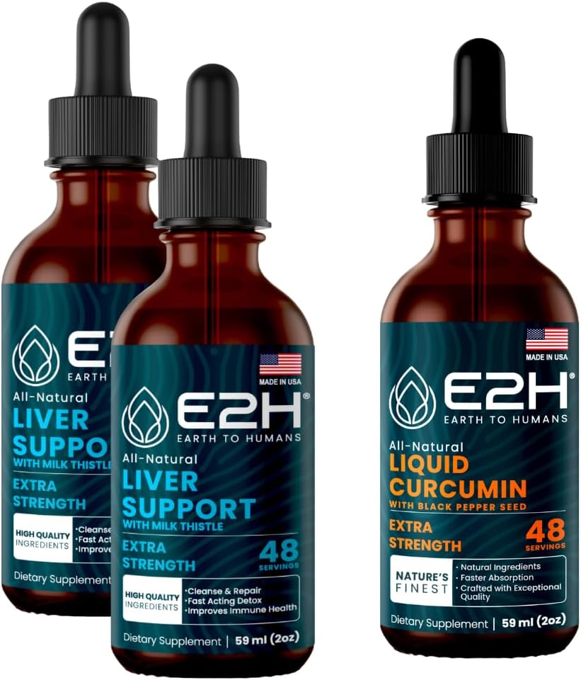 E2H: Tambahan Dukungan Hati (2 Pack - 4 Fl Oz) dan Curcumin Liquid Turmeric (Single Bottle - 2 Fl Oz) Alag 124; Vegan, Non- GMO - (6 Fl Oz Total) - Bundle