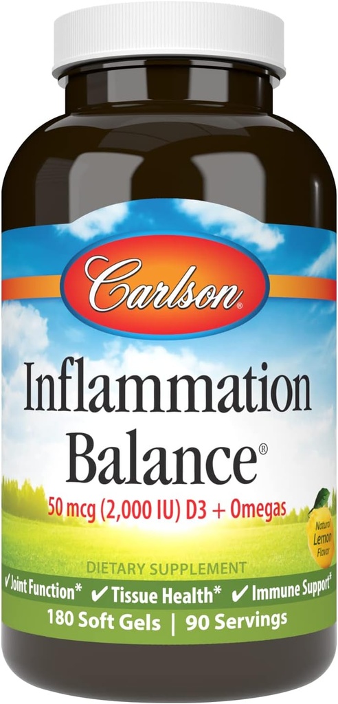 Carlson - Inflammation Balanced Omega-3 & Omega- 6 Rasio, with D3, Norwegia, Wild- Caught Fish Oil Suplemen dengan Fatty Acids, Sumpably Sourded Fish Oil Capsules, 180 Softgels