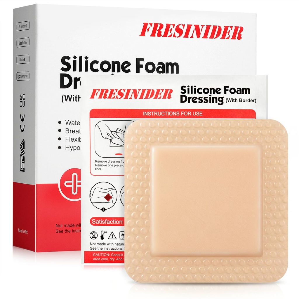 FRESINIDER Silicone Foam Dressing with Adhesive Border - Wound Dressing Bandage - Silicone Foam Pad - Paket 10 - 4 x 4 Inches Large Waterproof Bandages - Self Adhesive Wound Card and Dressing