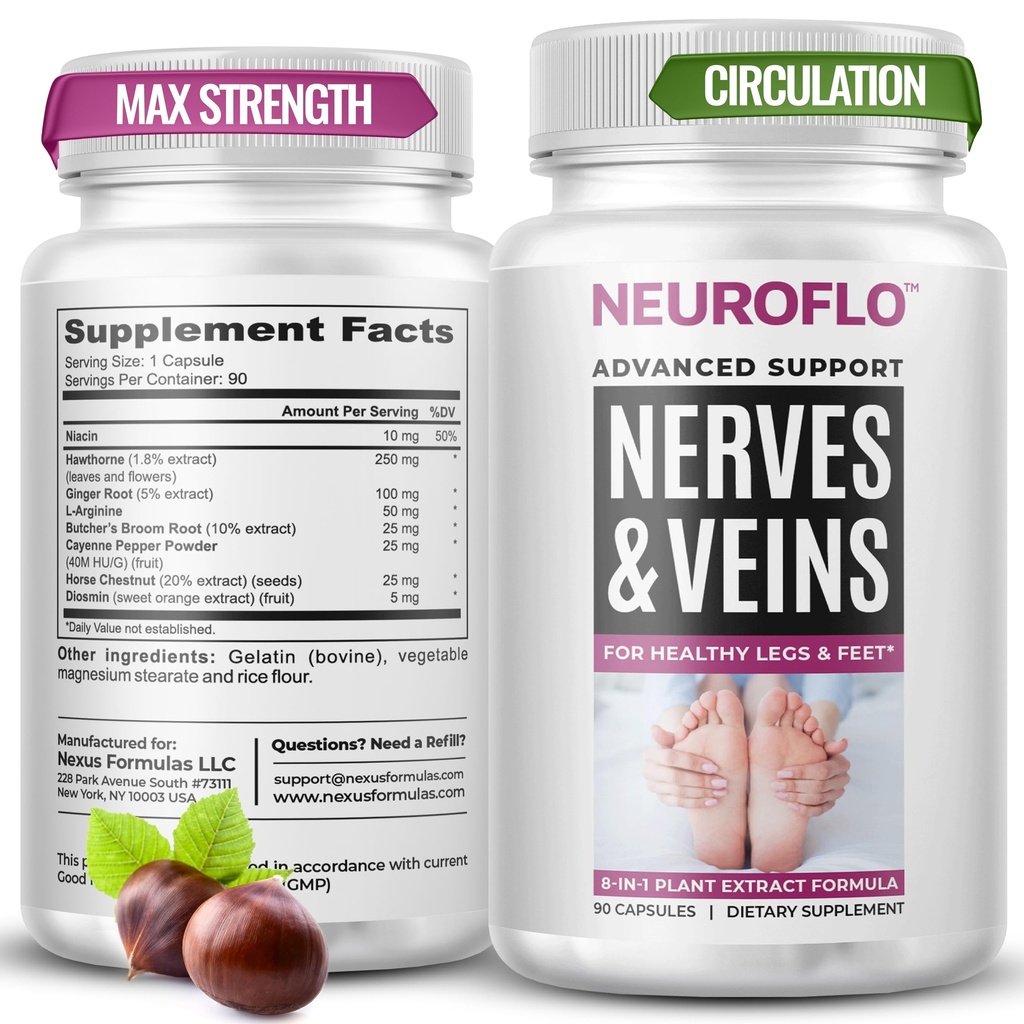 Mizzle Circulation Suplement - Support Nerves, Veins with 1470mg, 8 in 1 Capsule of Chestnut, Diosmin, Hawthorn for Maximum Relief in Toes, Feet, Ankles, Calves, Legs - Neuroflo