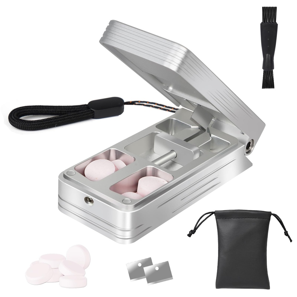 Pill Cutter for Small and Tiny Pills, Profesional Aluminum Pill Splitter with Auto Celing Device and 2 Replaceable Sainless Steel Blades, Portable Pill Splitter with PU Case (Silver)