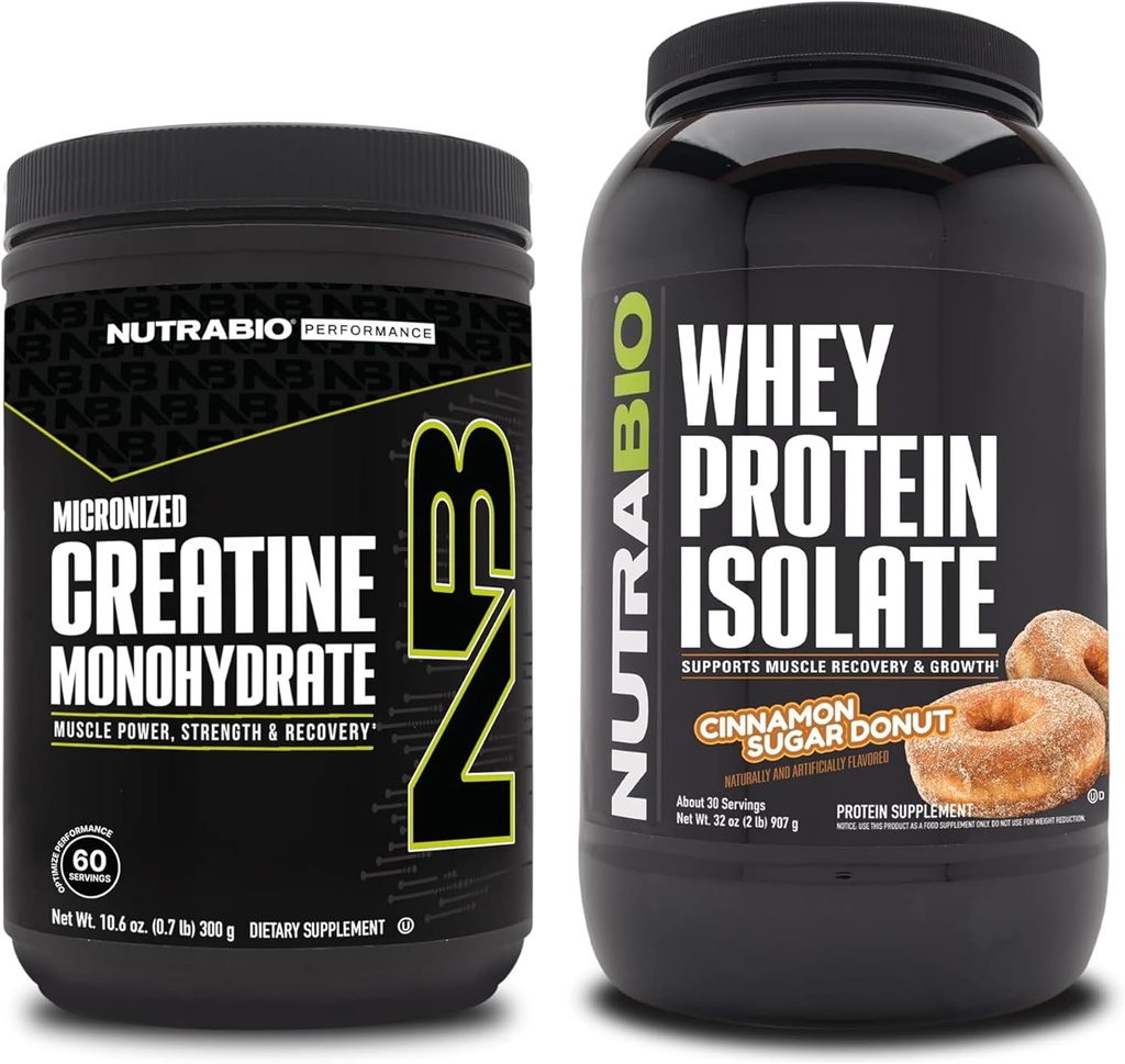 NutraBio Creatine Monohydrate, Unfeatored, 300g dan Whey Protein Isolate, Cinnamon Sugar Donut, Supplemen Bundle - Energi Otot, Lean Muscle Growth, Pemulihan, dan Kekuatan