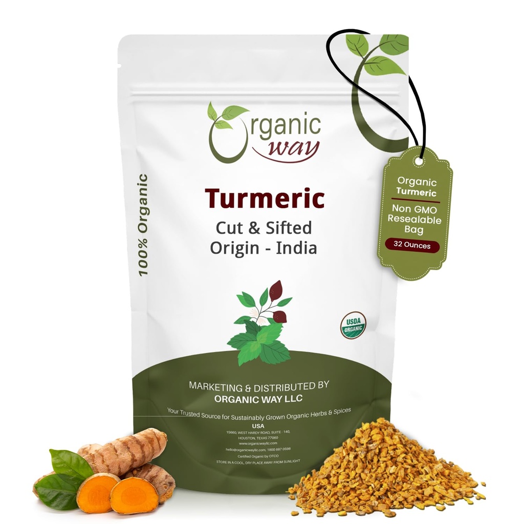 Jalan Organik Turmeric / Haldi Root Cut & Sifted (Curcuma Longa) - Herbal Tea 124; Kosher & USDA Sertifikasi Alasan, Non-GMO & Gluten Free 124; 100% Raw dari India (2LBS / 32Oz).