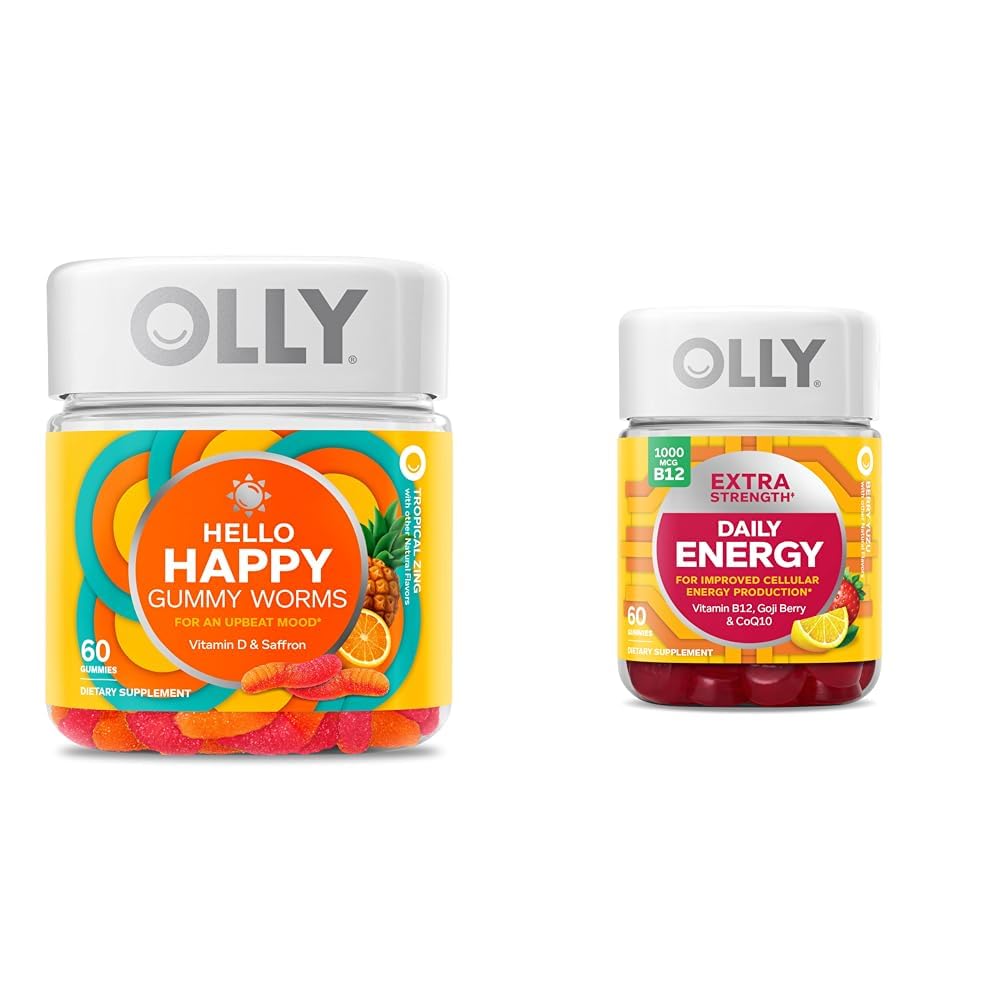 OLLY Halo Happy Gummy, Dukungan Keseimbangan Mood, Vitamin D, Saffron, Suplemen Orang Dewasa & Ekstra Energi Harian Gummy, Kafein Bebas, 100mcg Vitamin B12, CoQ10, Goji Berry