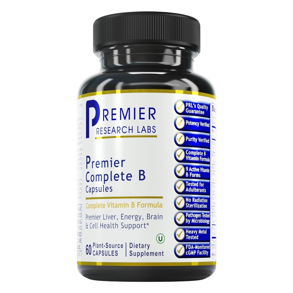 Premier Research Labs Complete B - Vitamin B Complex Suplement for Optimal Health 124; Vitamin B Suplemen dengan Biotin 124; 9 Aktif B Vitamin 124; untuk Liver, Energy & Brain Dukungan - 60 Capsules