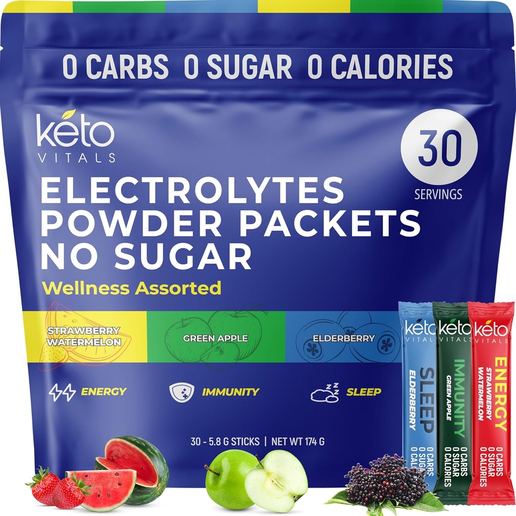 Keto Vitals Electrolytes Powder Pawder with Energy, Imunity, Sleiunity Added Benefit 124; Boost Energy, Strengthen Imunity, Enhance Sleep 124; Zero Sugar, Zero Carb, Zero Calorie