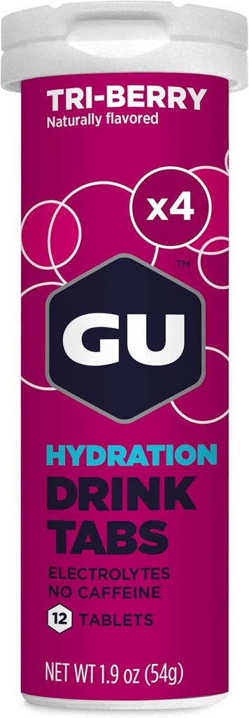 GU Energy Hydration Electrolite Drink Tablet, Enhanced Endurance Sports Drink for Running, Cycling, Triathlon, 4 - Count (48 pelayan), Tri- Berry