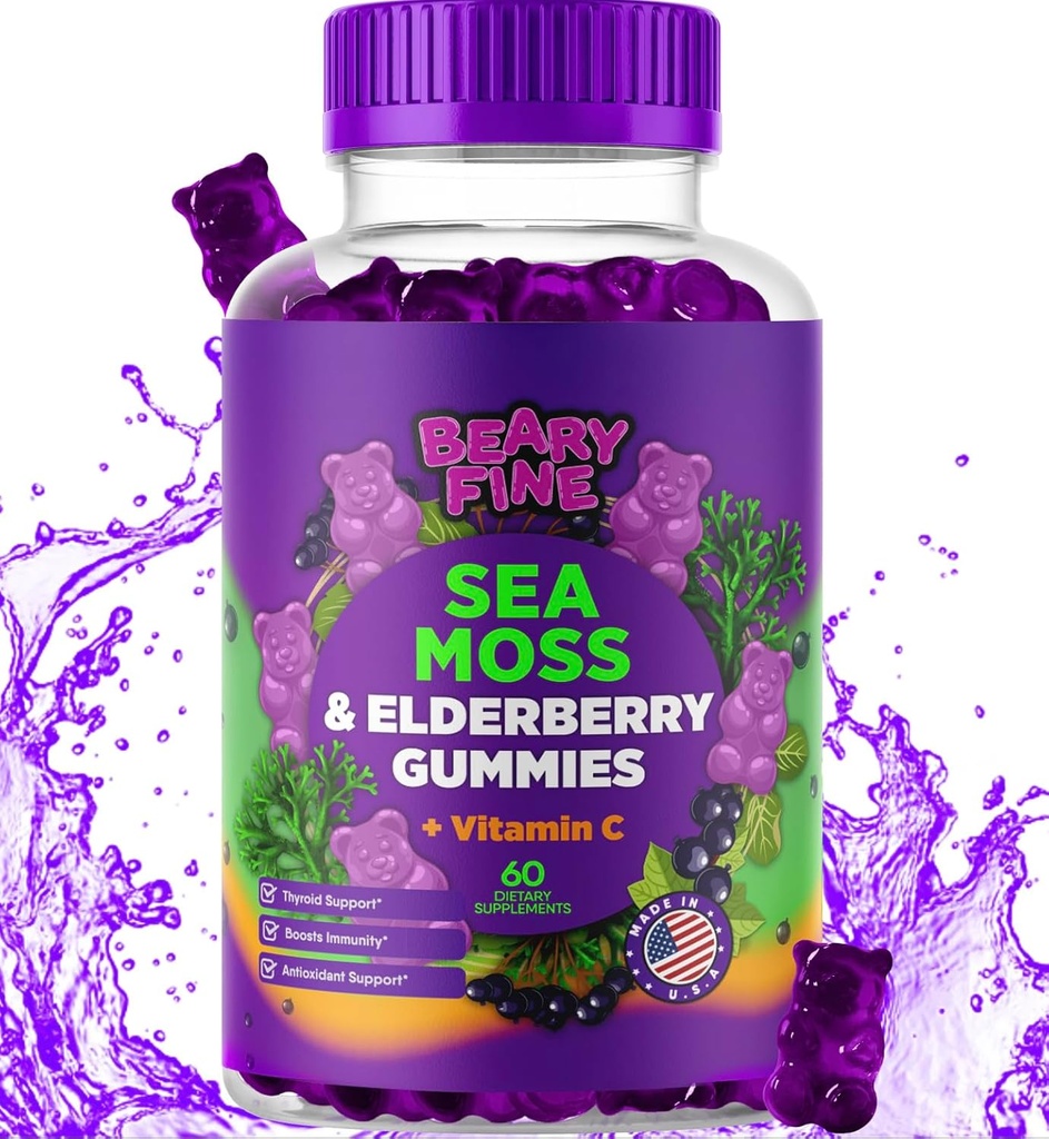 Sea Moss Gummies & Elderberry - Vitamin C + Zinc - Extra Stromune & Thyroid Dukung Booster Gummy Bears for Kids & Dewas - 60 Seamoss Gummies - Made in The USA