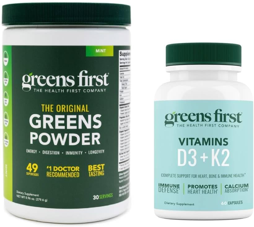 Hijau Pertama - Mint - 30 Servis - Sayur Saus Superfood, 49 Superfood, 15 + Organic Fruit & Vegetable, Dairy Free, Vegan & Non- GMO - 9.86 oz dan D3 + K2 Vitamin, 60 Vegetable Capsules