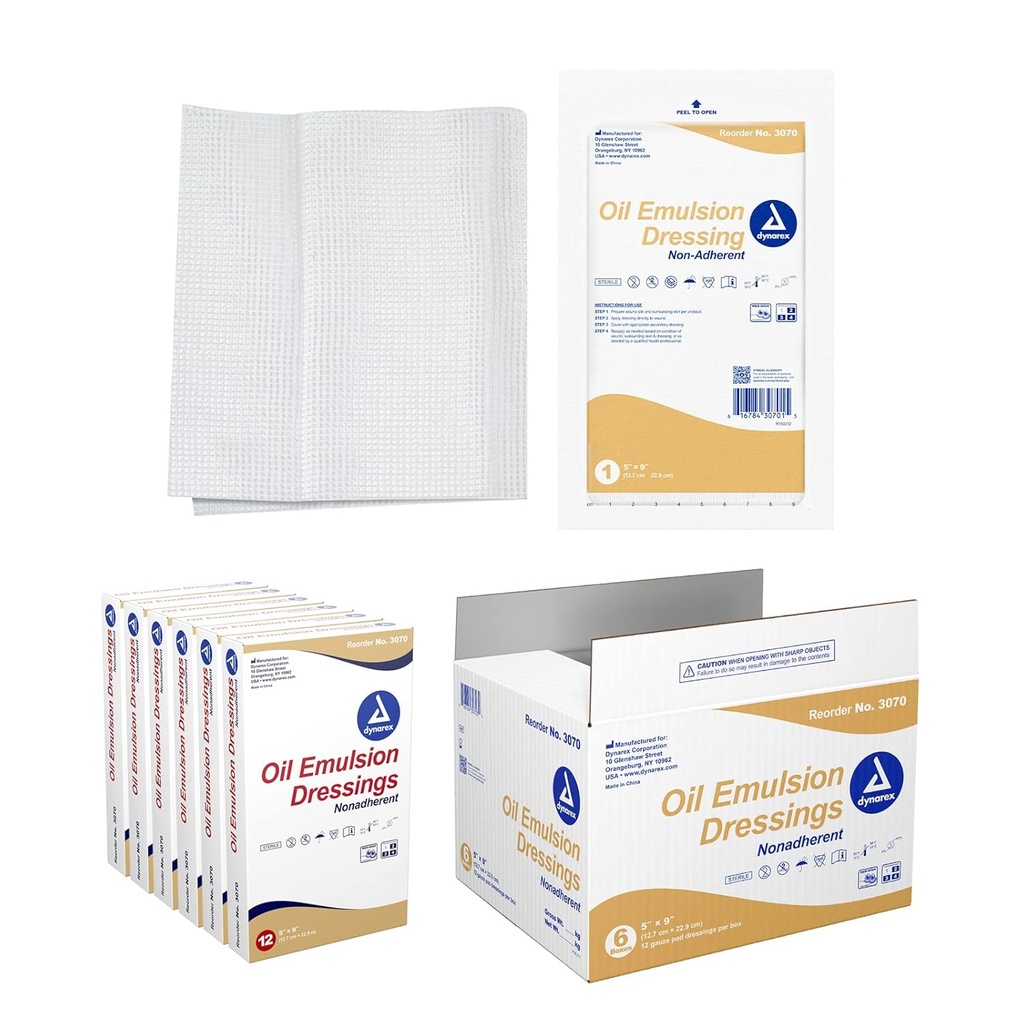 Dynarex Oil Emulsion Dressings, Wound Care, Absorbend, 5 "x 9" Sterile Knitted Gauze Dressing with Emulsion Blend of Petrolatum and Sunflower Oil, 6 Boxes of 12 Oil Emulsion Dressing