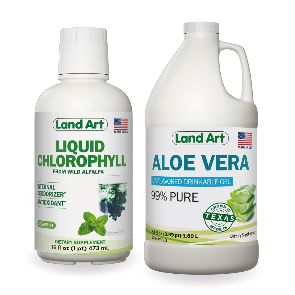 Land Art Aloe Vera Drinkable Gel Unflafedored 64 fl oz + Liquid Chlorofil Mint Flavored 16 fl oz