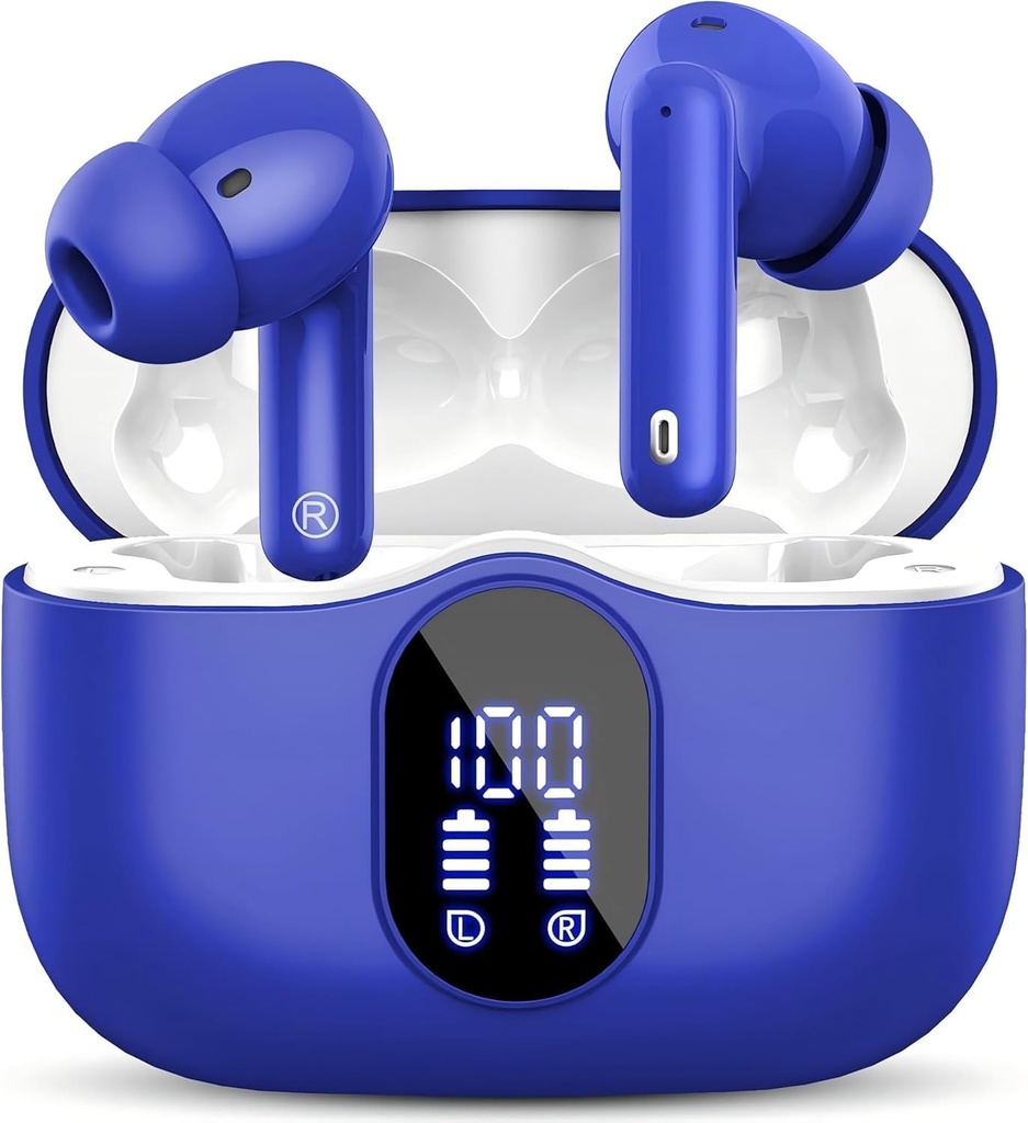 Bluetooth Earbuds Nirkabel 5.3 Headphones Bass Stereo Buds with Noise Cancelling Mic LED Tampilan di Ear Earphone IP7 Waterproof 36H Playtime for Laptop Pad Phones Sports Workout Blue