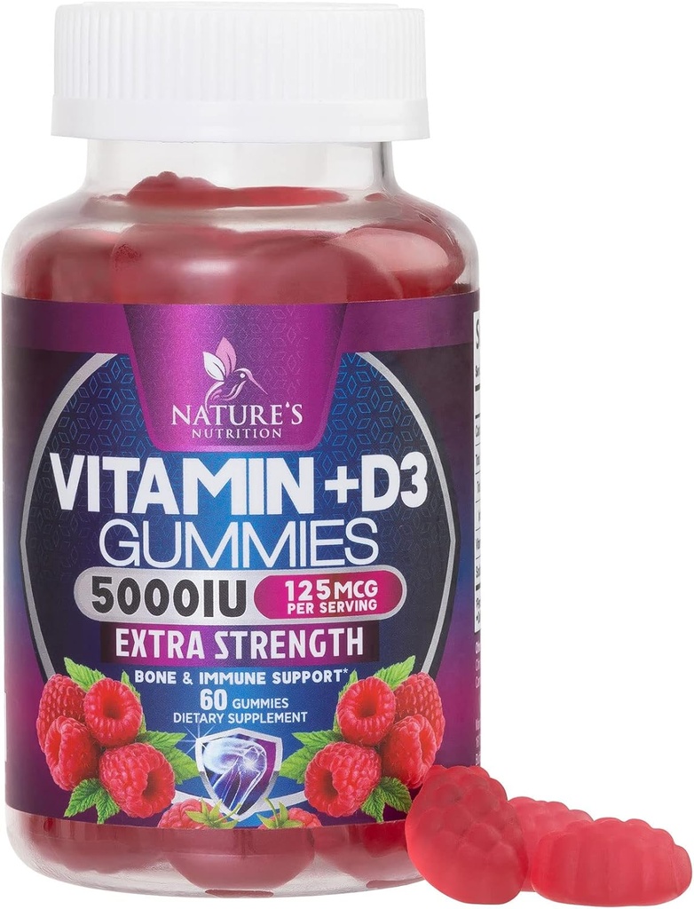Vitamin D3 Supplement Gummy 5000 (125 mcg) Dietary Vitamin D untuk Pria & Women - Bone, Teeth, Muscle and Immune Health Dukung, Tinggi Potency V3 Nature 's Nor-GMO & Gluten Free - 60 Gummies