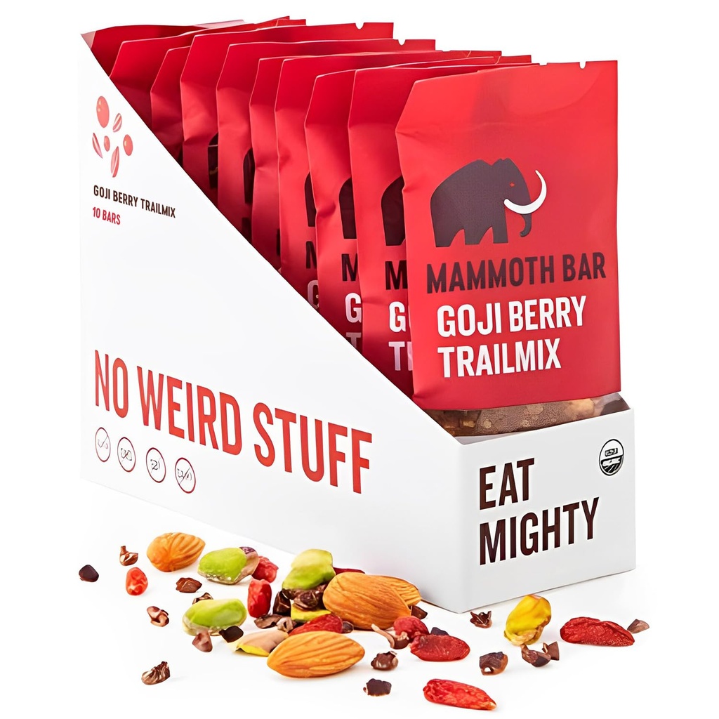 Bar Mammoth Goji Berry Trail Mix - 10 Organik Protein Bars - Prebiotic Paleo Gluten Free Egg Protein (GMO Free Raw Premium Nuts)