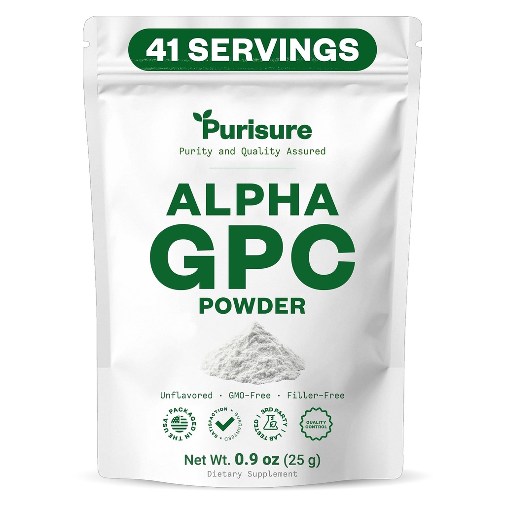 Purisure Alpha GPC Powder, 25 g, Support Alpha GPC murni untuk Otak dan Fokus, CDP Choline Suplemen untuk Performance & Concentration, Tak Ada Penjual, Non- GMO, Offers 42 Servings